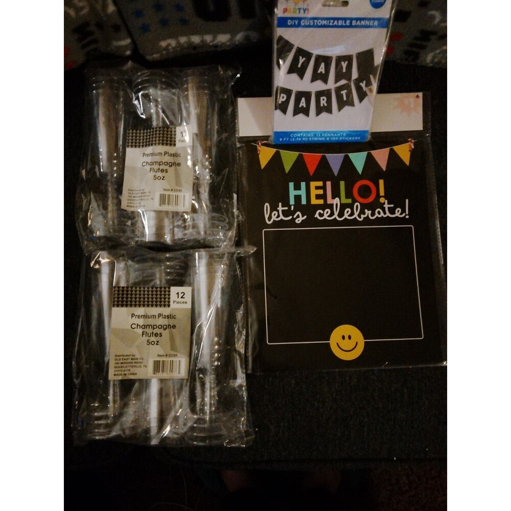 4 Pc Party Supplies Set - DIY Banner, Hello Celebrate Chalkboard, Flutes New